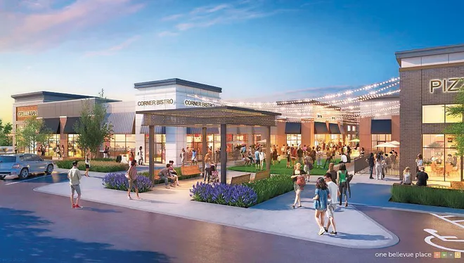 Rendering of One Bellevue Place, featuring outdoor dining and shopping areas, vibrant community atmosphere, and modern architecture in Bellevue, Nashville.