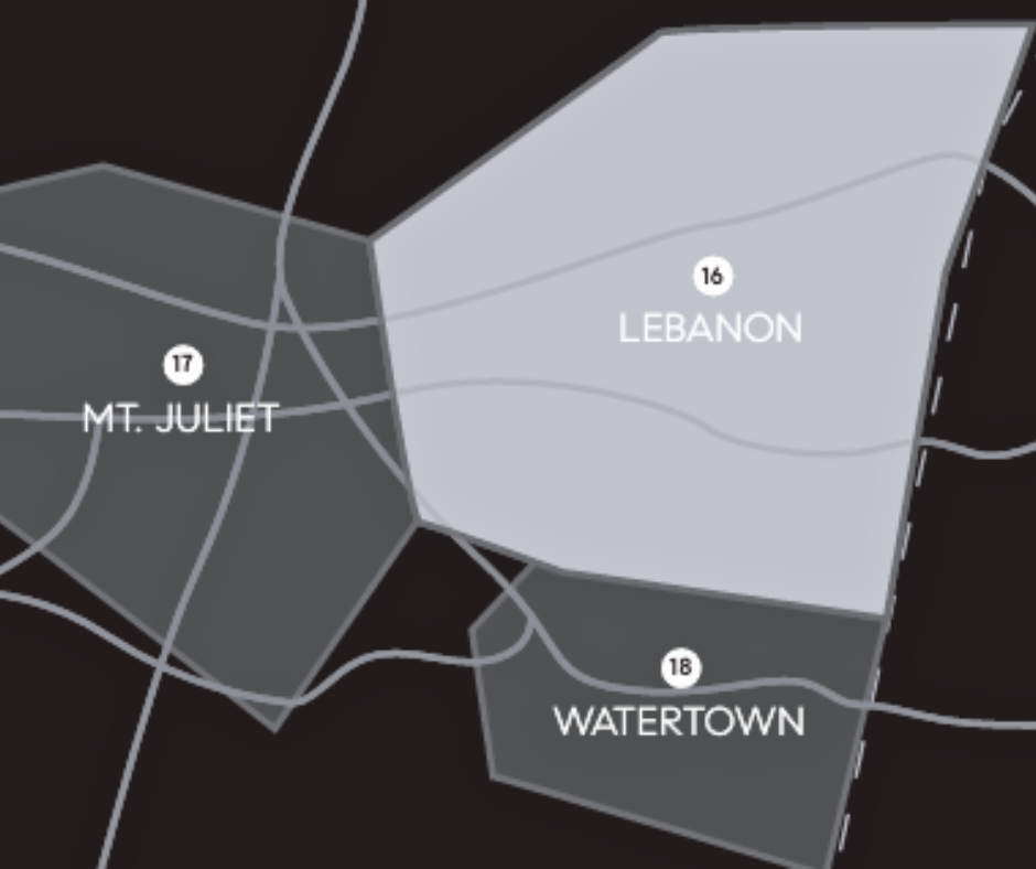 Map highlighting Lebanon, Tennessee, with surrounding areas of Mt. Juliet and Watertown, emphasizing community layout and location.
