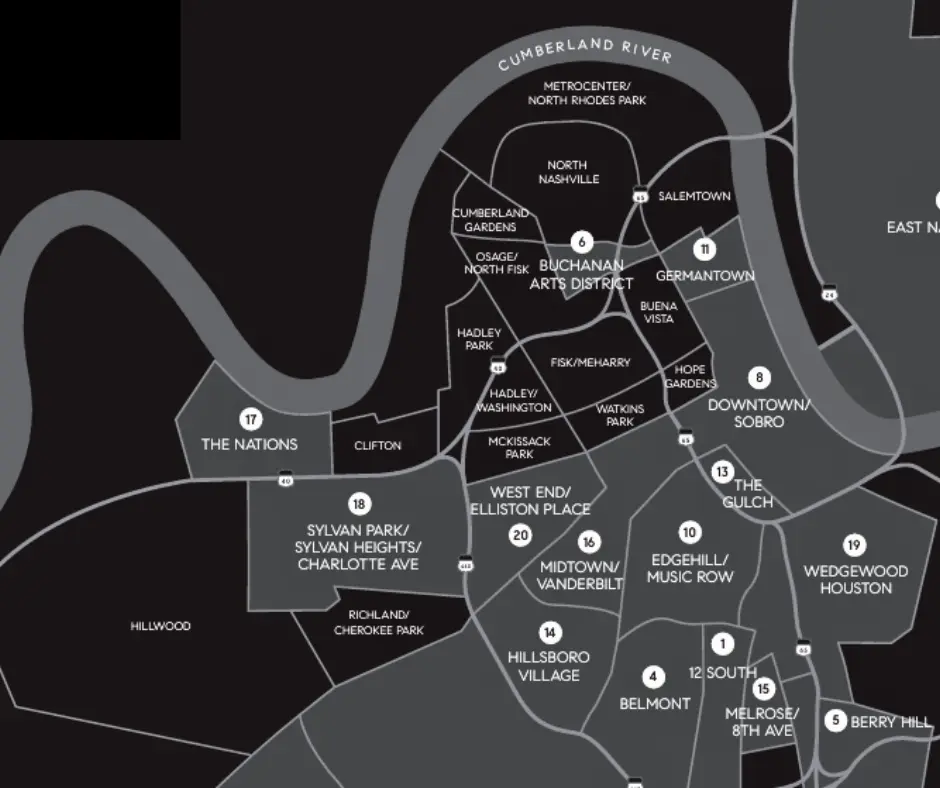 Davidson County map highlighting neighborhoods, parks, and major landmarks, including The Gulch, East Nashville, and The Nations, relevant to real estate opportunities and community features.