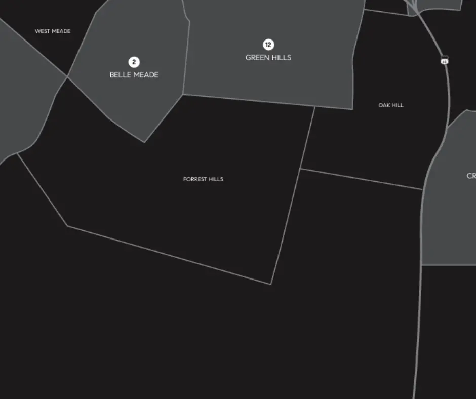 Davidson County map highlighting neighborhoods including Belle Meade, Green Hills, and Forrest Hills, relevant to local real estate and community features in Nashville.
