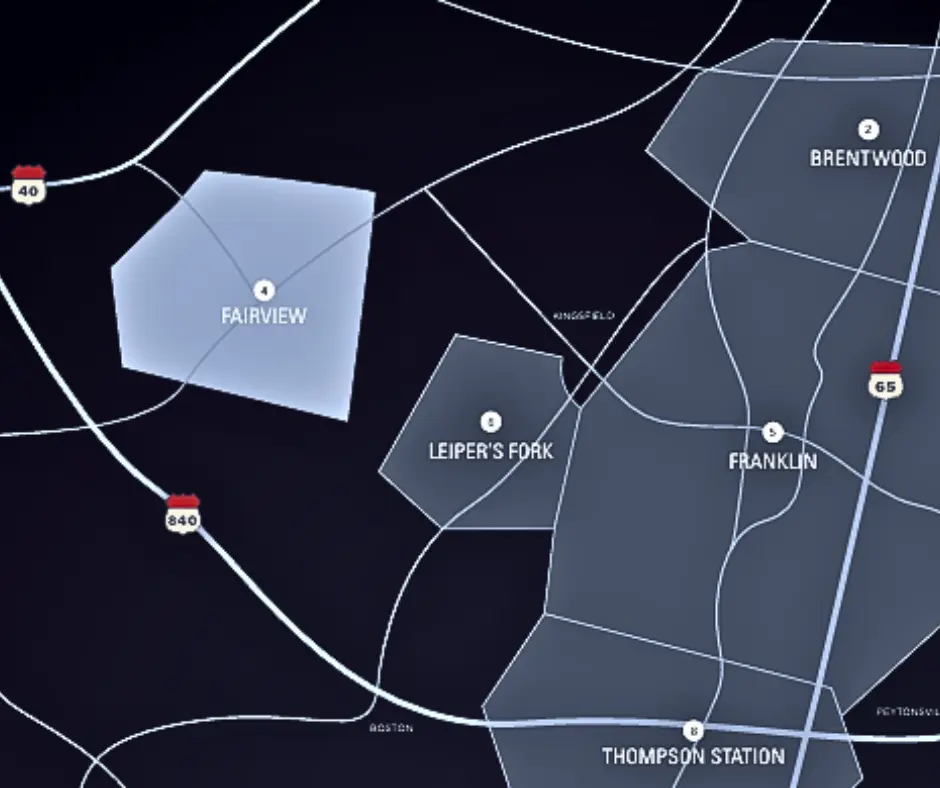 Map highlighting Fairview, a community in Williamson County, Tennessee, with surrounding areas including Leiper's Fork, Franklin, and Thompson Station, showcasing local highways and geographical context.