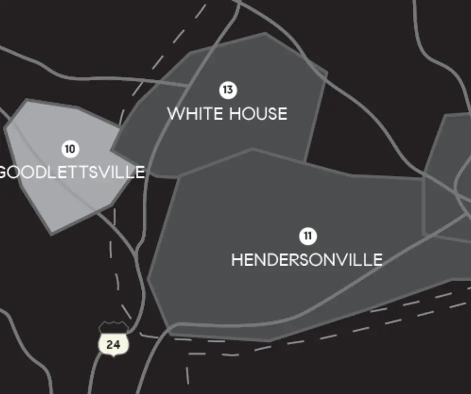 Map highlighting Goodlettsville, Tennessee, and surrounding areas including White House and Hendersonville, with major routes indicated for local navigation.