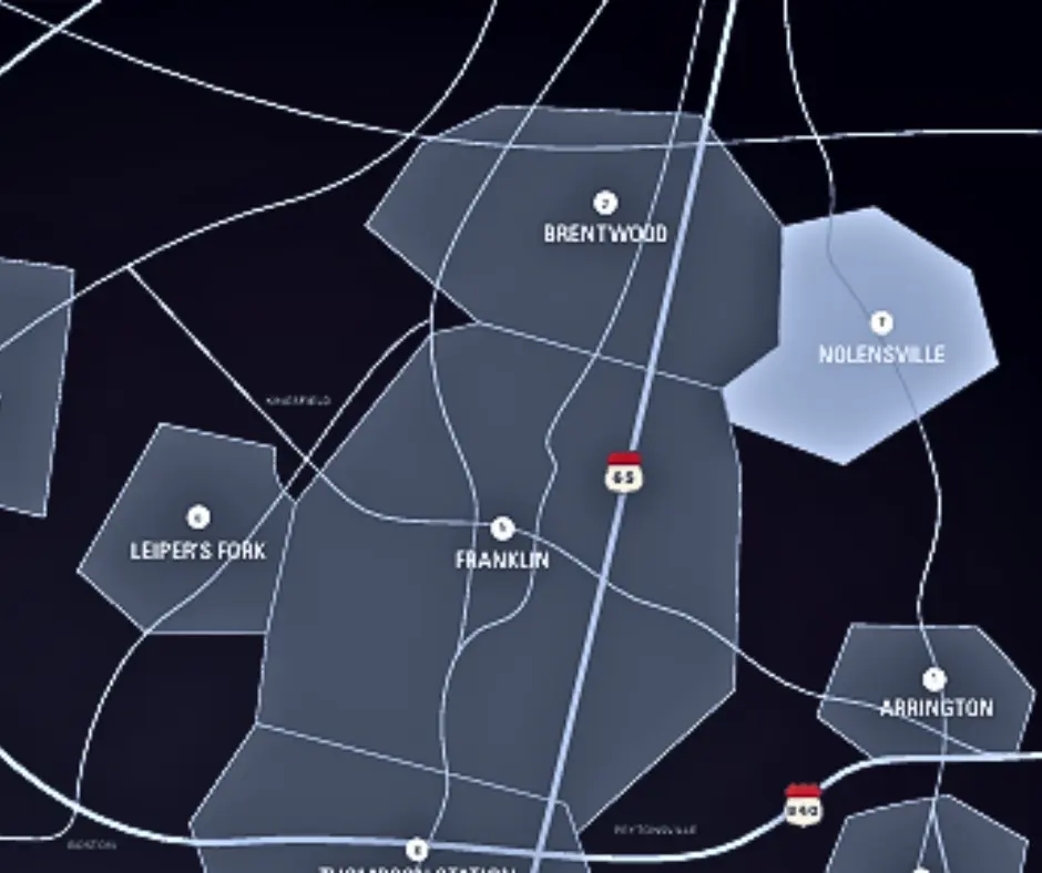 Map highlighting Nolensville, Tennessee, and surrounding areas including Brentwood, Franklin, and Leipers Fork, with major roads indicated.