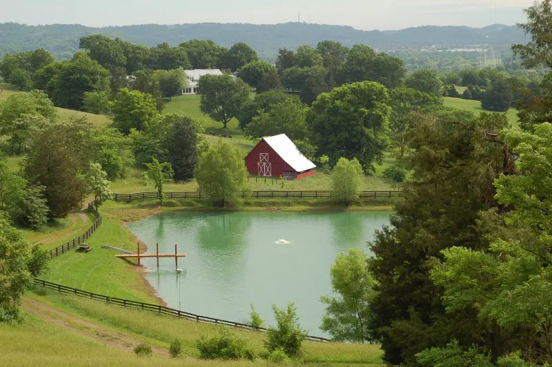 Red barn beside a tranquil pond surrounded by lush greenery, representing the rural charm and community spirit of Spring Hill, Tennessee.