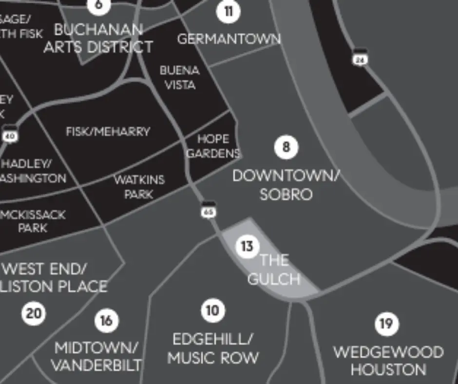 Map of The Gulch neighborhood in Nashville, highlighting its location among nearby areas like Downtown and Germantown, emphasizing its urban setting and accessibility.