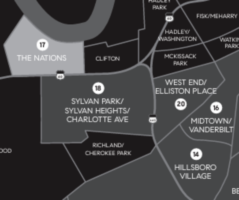 Map highlighting The Nations neighborhood in West Nashville, showcasing surrounding areas and major roads for real estate insights.