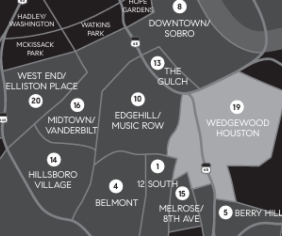 Map highlighting Wedgewood Houston neighborhood in Nashville, showcasing nearby areas like The Gulch and Edgehill/Music Row, emphasizing local attractions and community layout.