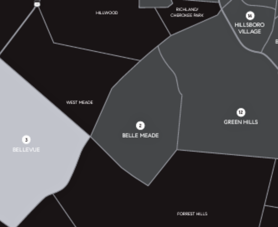 Map highlighting Bellevue neighborhood in Nashville, Tennessee, with surrounding areas including Belle Meade, West Meade, and Green Hills.