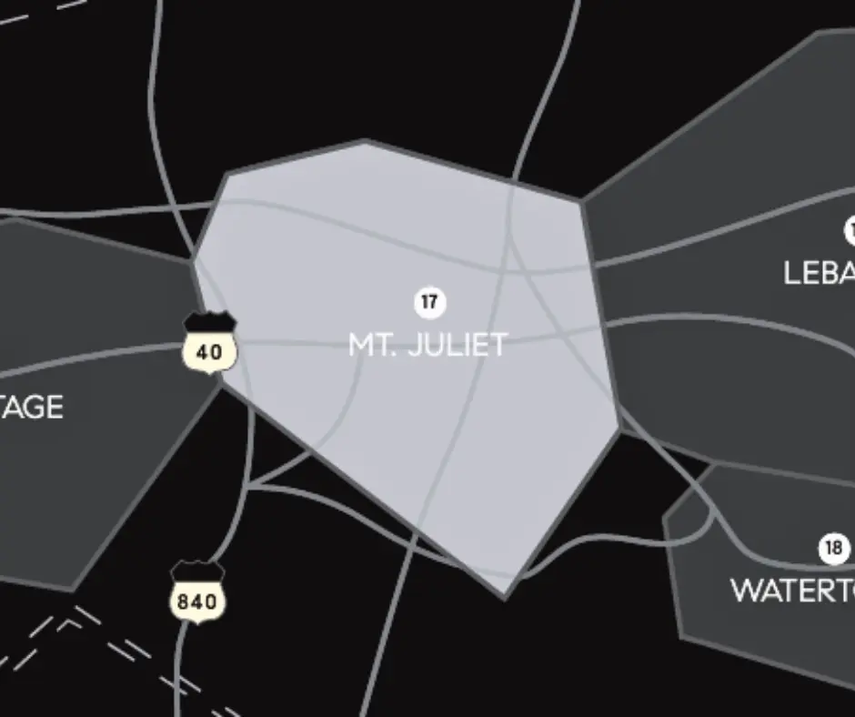 Map highlighting Mt. Juliet, TN, with surrounding highways and neighboring areas, emphasizing its strategic location for families and homebuyers.