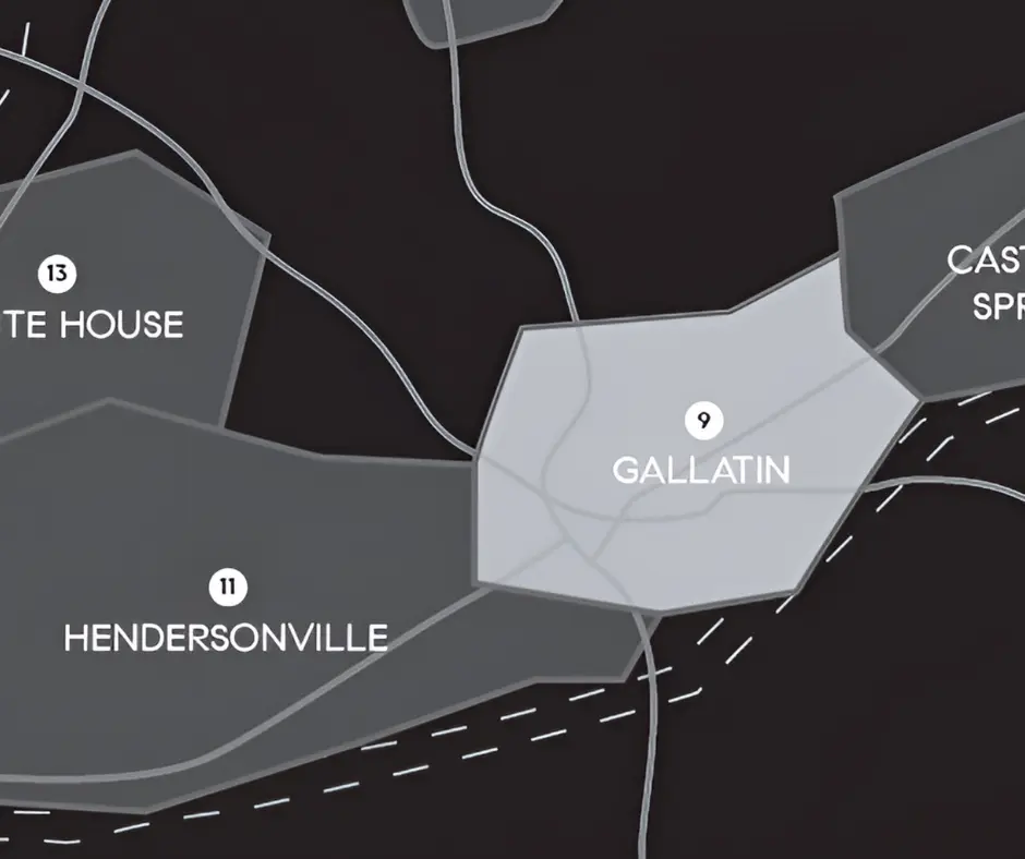 a map showing the location of Gallatin, Tennessee within Sumner County