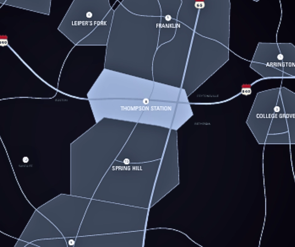 Map highlighting Thompson's Station, Tennessee, with surrounding areas including Spring Hill, Franklin, and College Grove, emphasizing local geography and community connections.