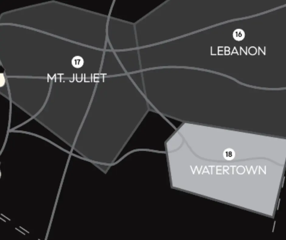 Map highlighting Watertown, Tennessee, with nearby locations including Mt. Juliet and Lebanon, emphasizing community connections and regional context.
