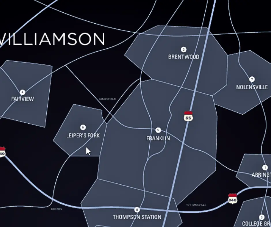 Map of Williamson County, Tennessee, highlighting communities like Brentwood, Franklin, Nolensville, and Fairview, with major highways and roads.