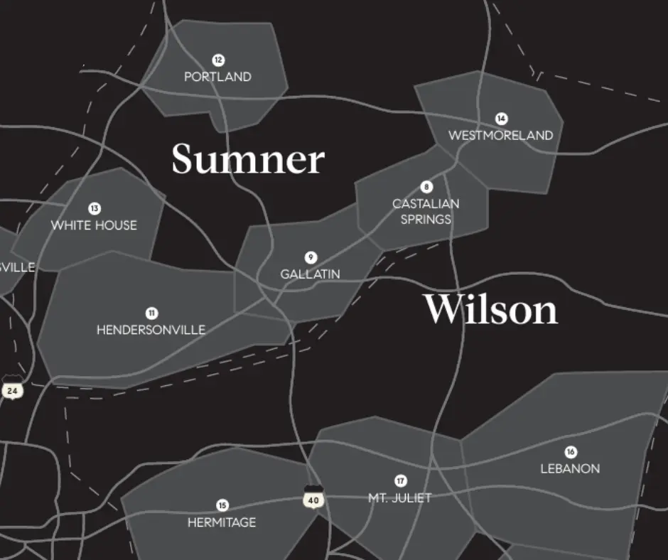 Map of Wilson County, Tennessee, highlighting major cities like Lebanon and Mt. Juliet, with surrounding areas including Sumner County and nearby communities.