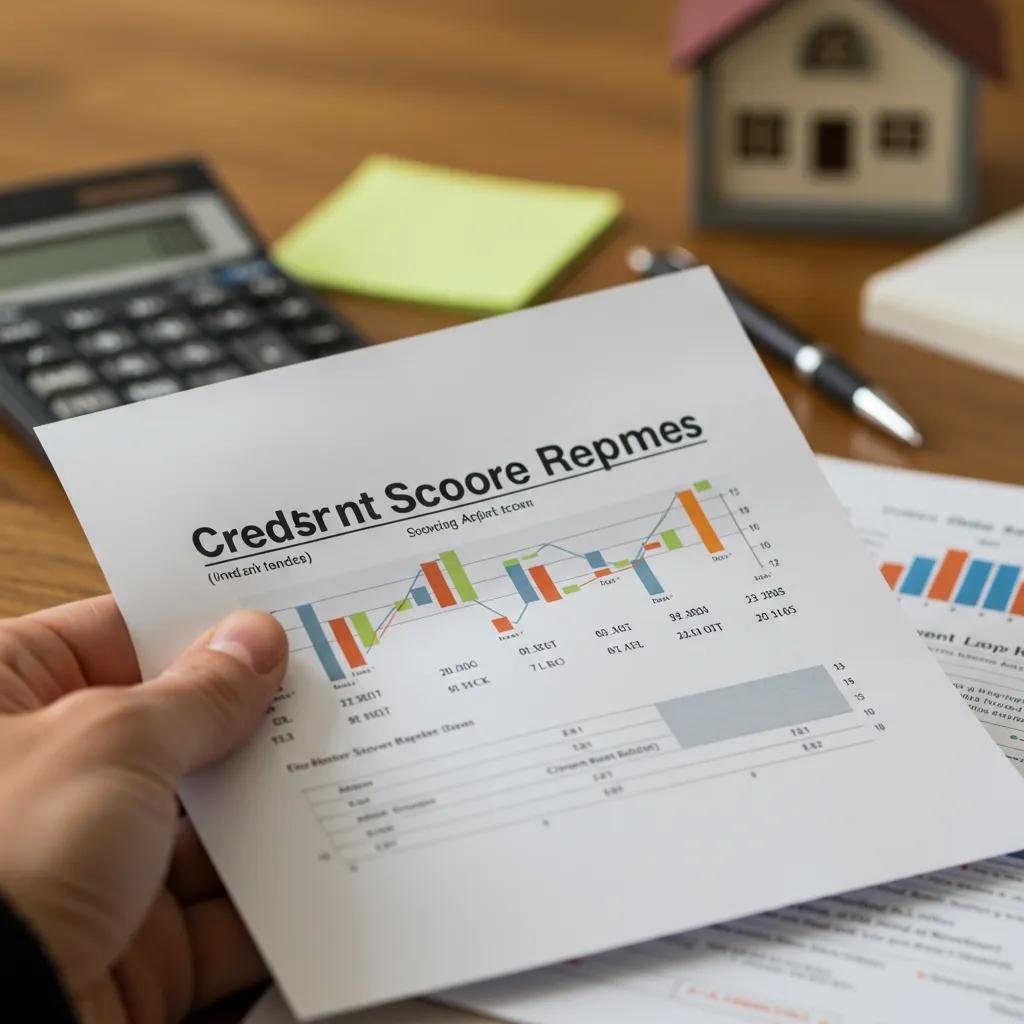 Close-up of a credit score report and calculator in a home office setting