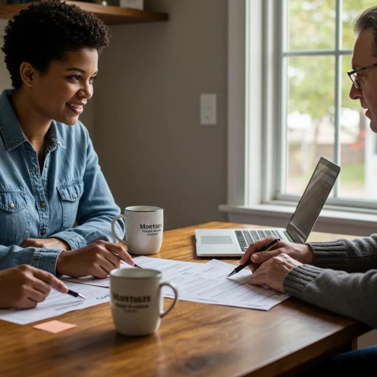 First-time home buyers reviewing mortgage documents in a cozy kitchen setting