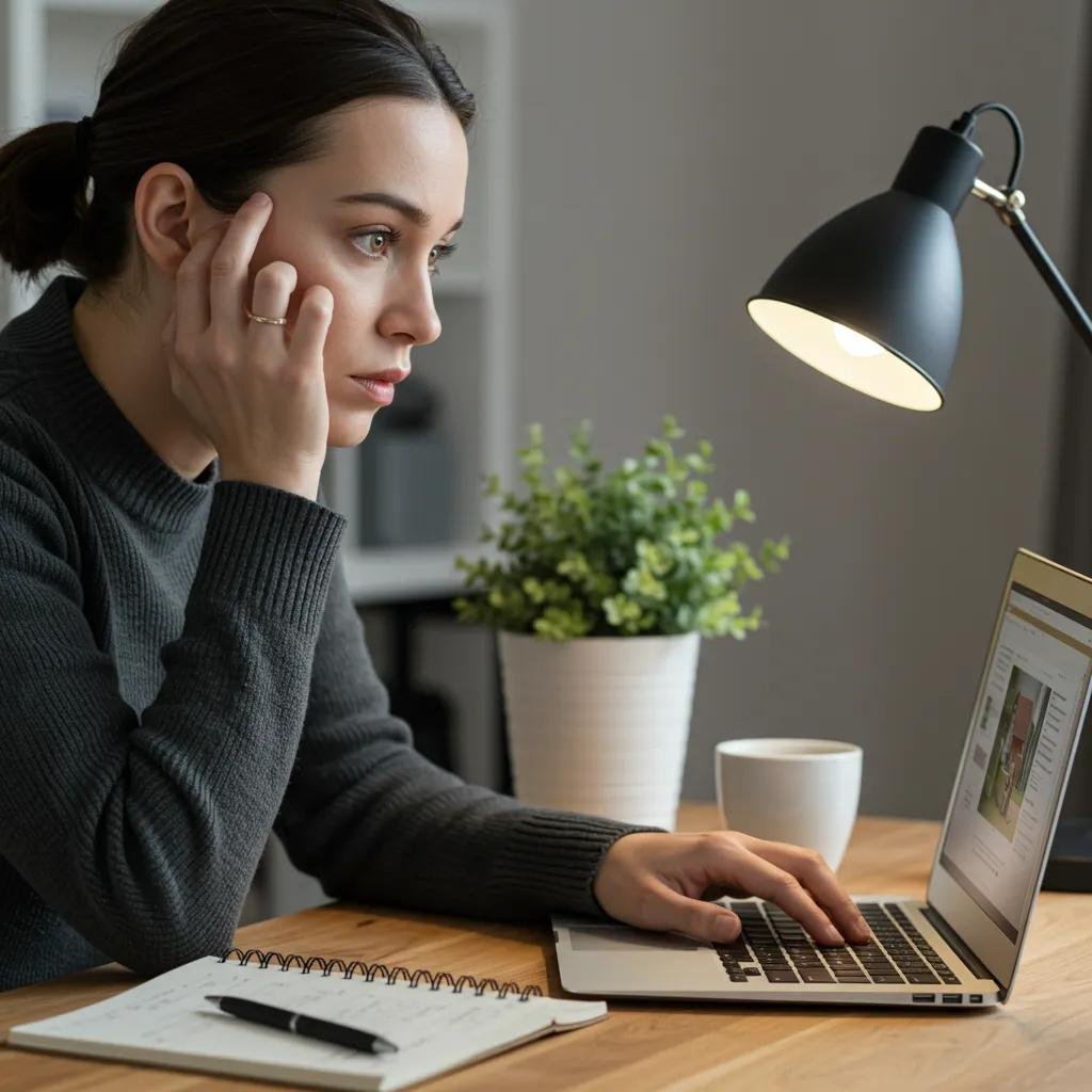First-time homebuyer feeling anxious while reviewing property listings in a home office