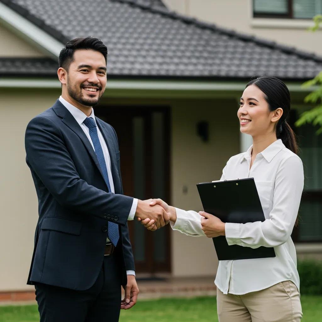 Real estate agent shaking hands with a satisfied client in front of a home