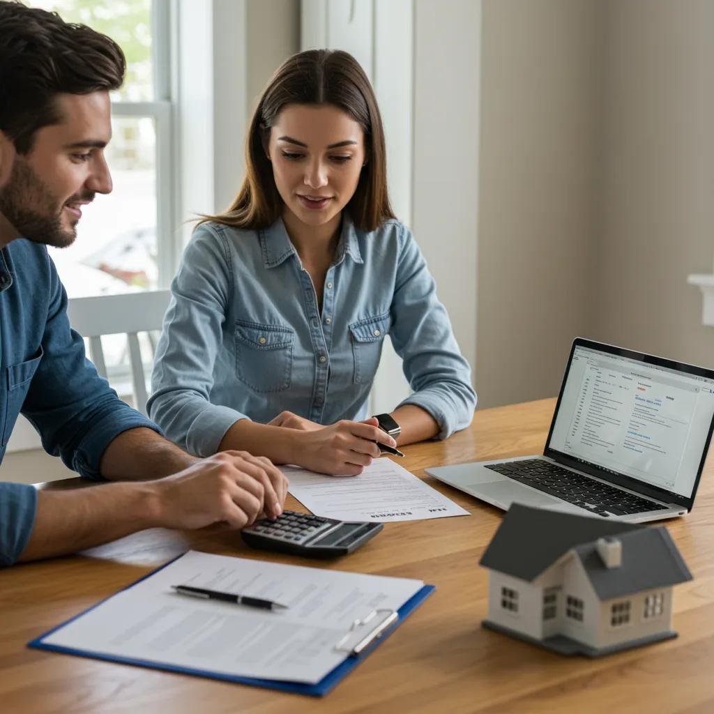 Young couple discussing down payment options at a dining table with financial documents