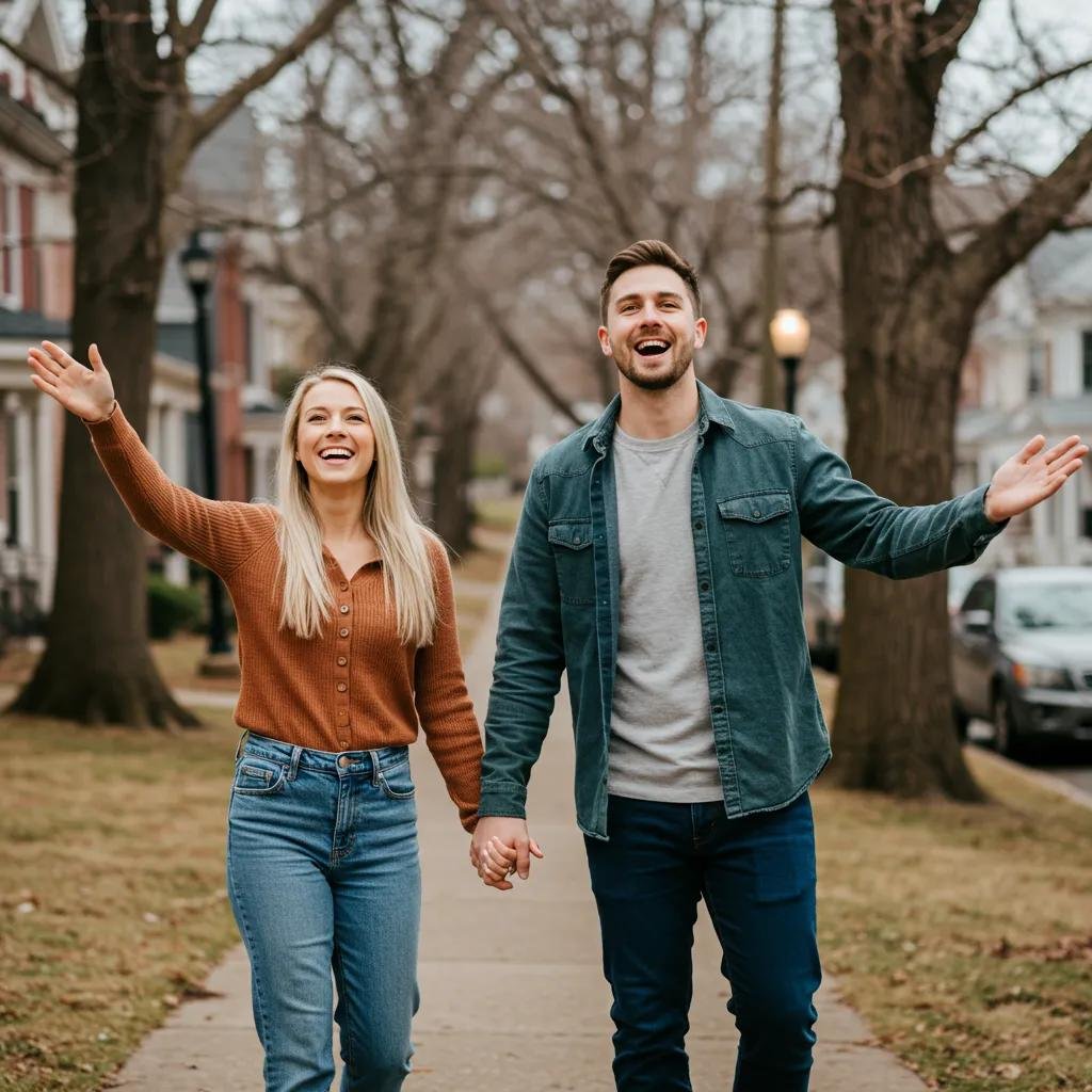 Young couple joyfully exploring a Nashville neighborhood, embodying the excitement of first-time homebuyers amidst tree-lined streets and residential homes.