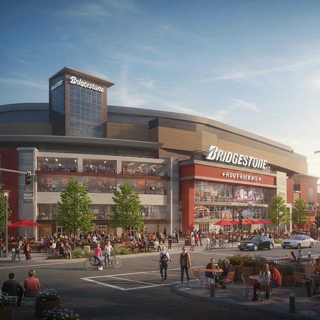 Bridgestone Arena in Nashville with lively urban activity and modern architecture