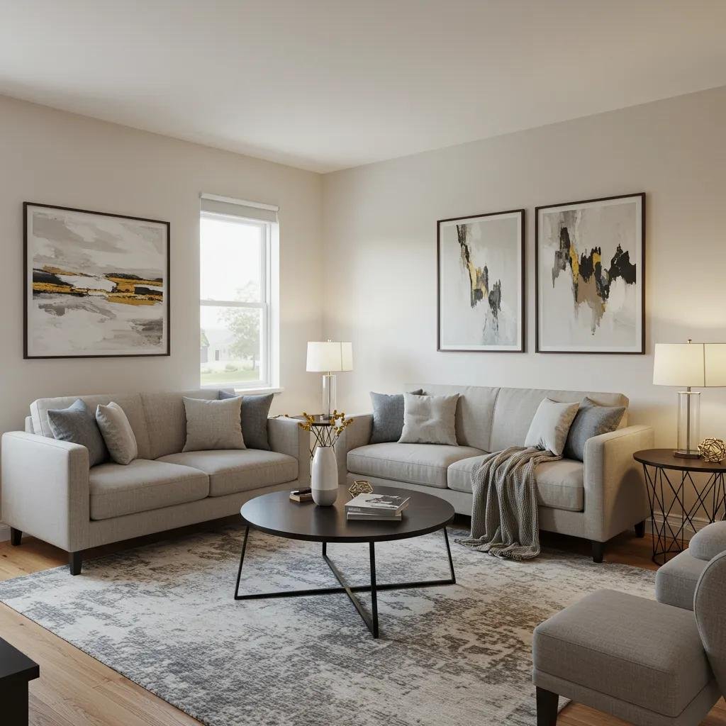 Staged living room emphasizing modern decor and spaciousness for home selling