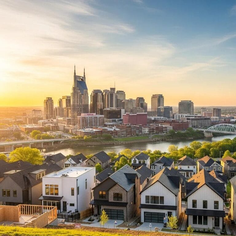 Nashville skyline with modern homes, representing the housing market forecast