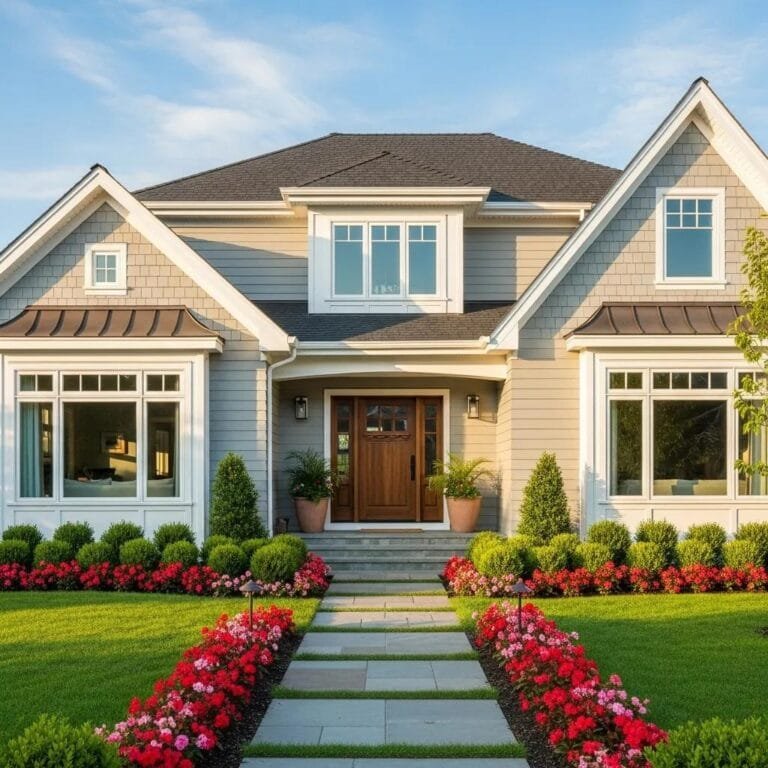 Beautiful home for sale with inviting front yard and entrance