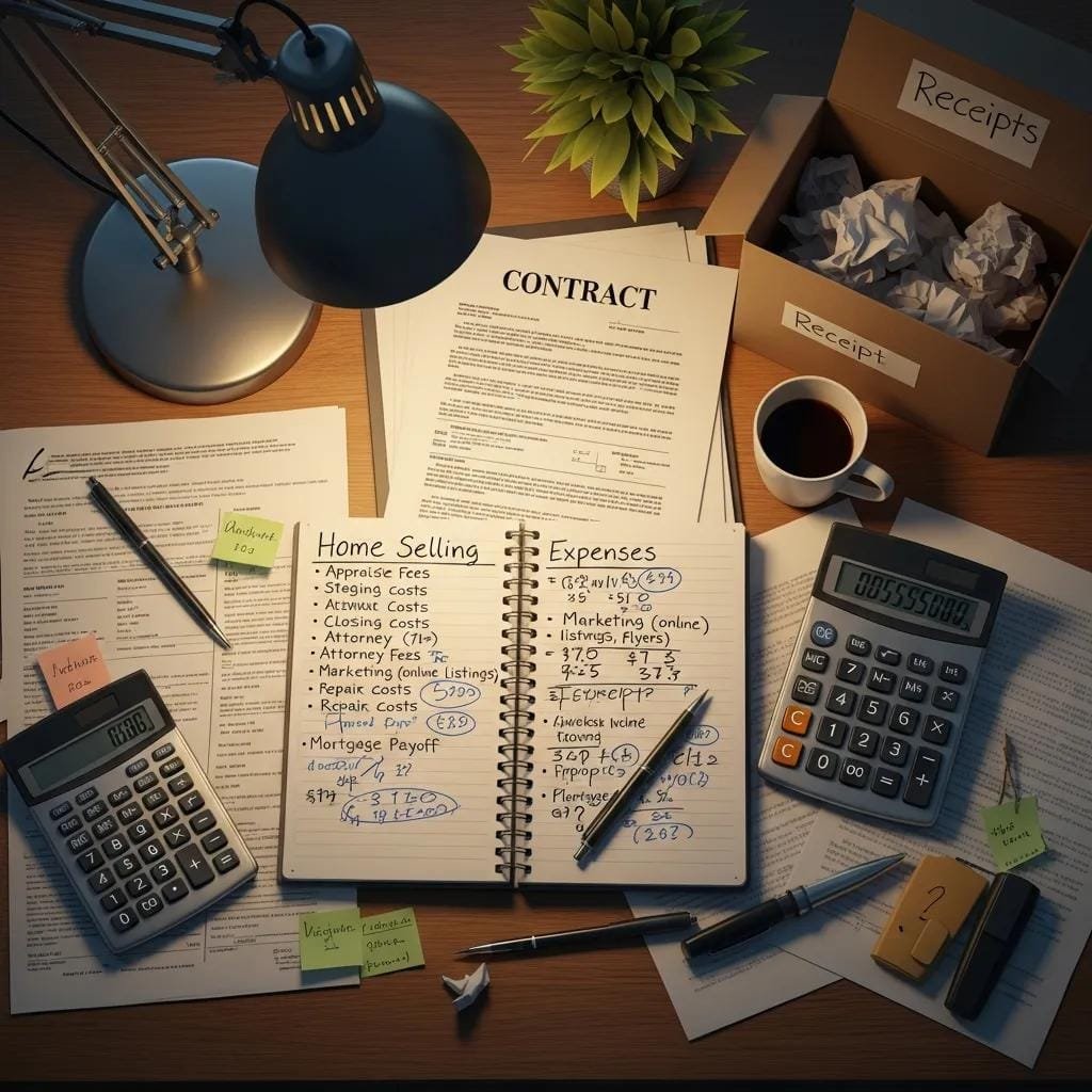 Desk with documents and calculator representing hidden costs of selling a home