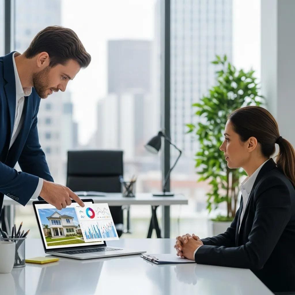Real estate agent discussing property listings with a client in an office