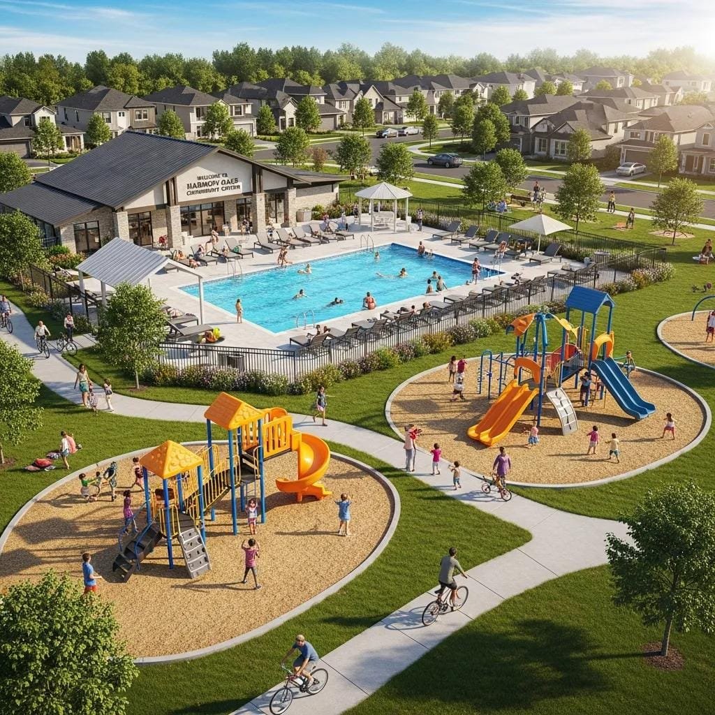 Community amenities in a new neighborhood with families enjoying the pool and playground
