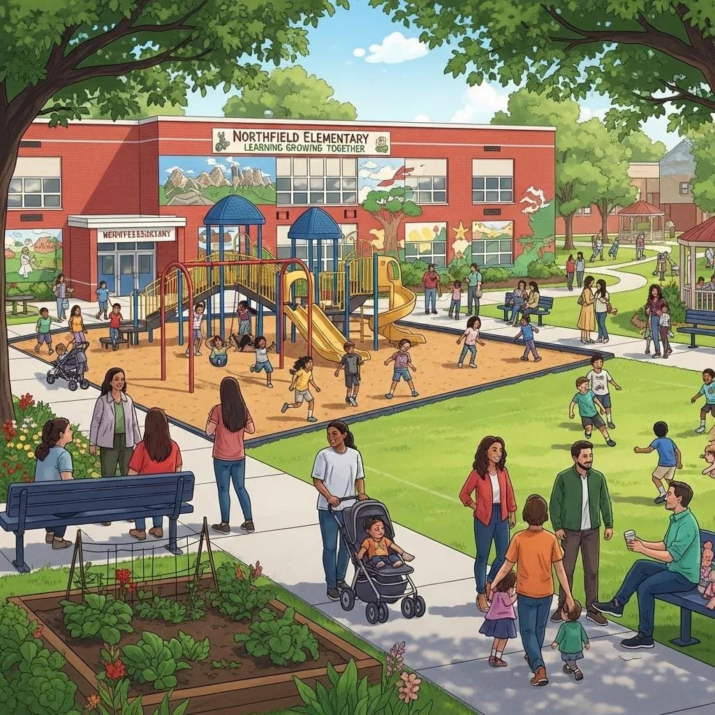 Local school in Murfreesboro, TN with children playing and parents interacting in a community setting