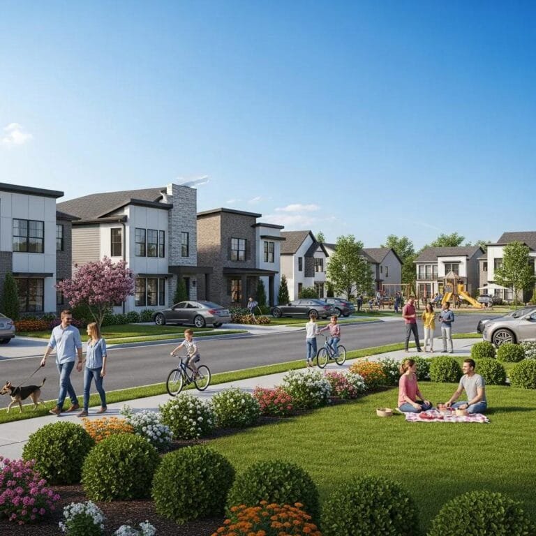 Modern neighborhood in Murfreesboro, TN with new homes and families enjoying outdoor activities