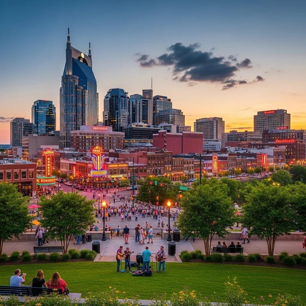 Nashville skyline with lively streets and greenery, representing relocation to Music City
