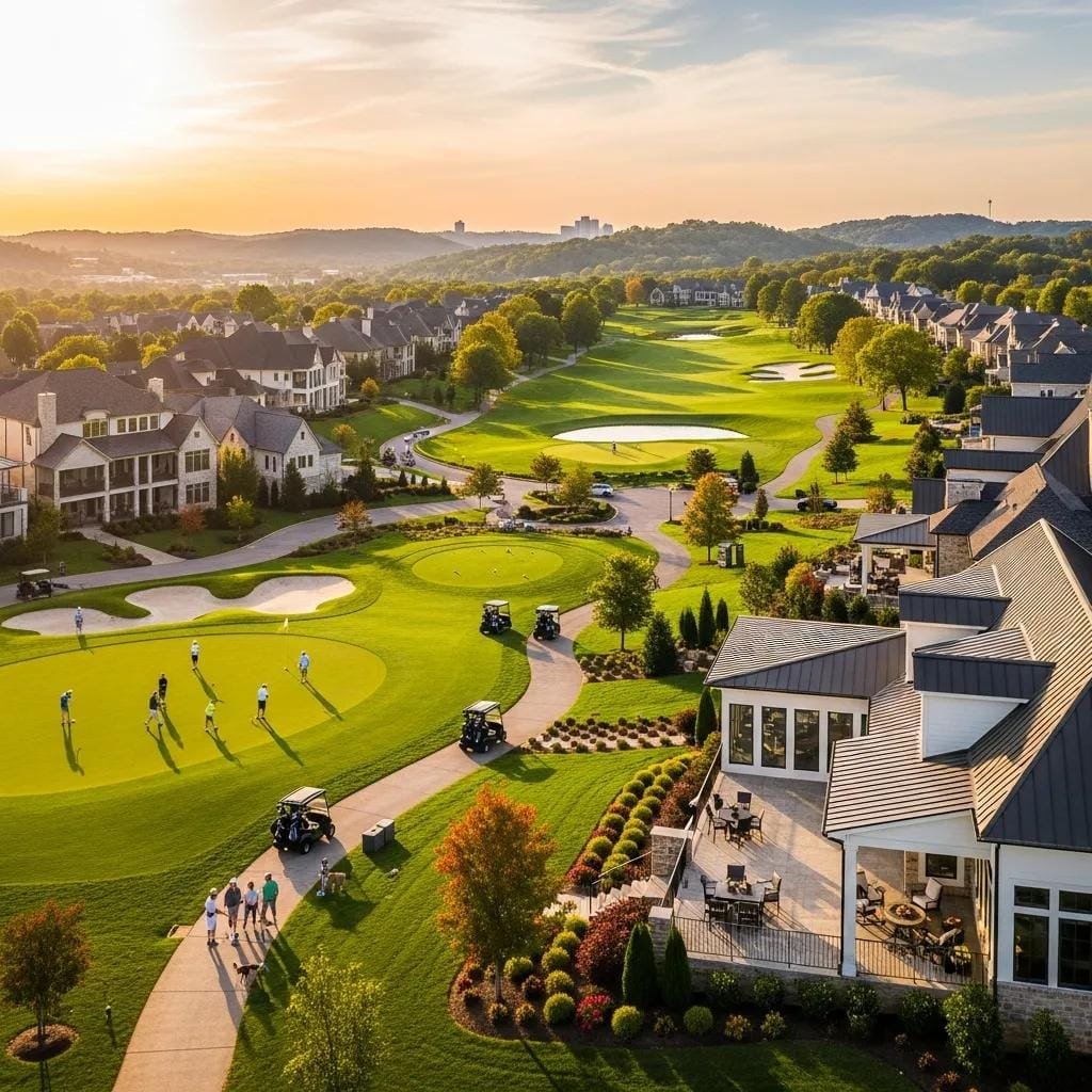 Picturesque golf course community in Nashville with elegant homes and scenic views